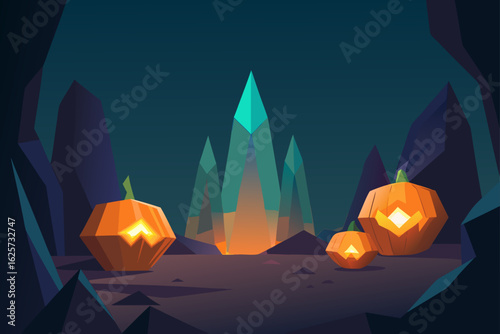 Geometric halloween pumpkins glow with eerie light amidst a mystical crystal cave