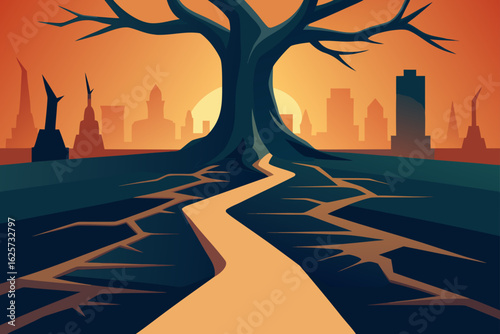 A lone gnarled tree stands with sprawling roots in a cracked landscape before a stylized city skyline at sunset