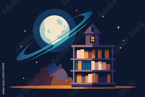 Whimsical space scene featuring a ringed planet and a bookshelf house under a starry night sky