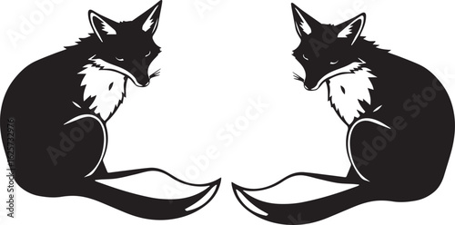 A stylized black and white fox design, featuring bold, sweeping, curved lines that form an elegant and abstract silhouette. The fox is seated gracefully, with its tail and fur created using modern, ge