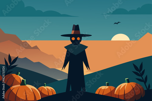 Mysterious silhouette figure stands among pumpkins under a twilight sky