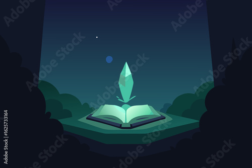Mystical glowing crystal emerges from an open ancient book in a dark forest clearing
