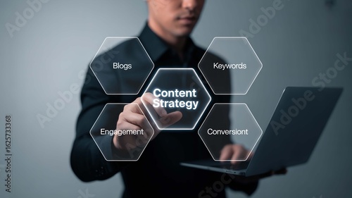 Professional strategist uses futuristic interface to plan effective content strategy encompassing blogs engagement keywords and conversion for business growth