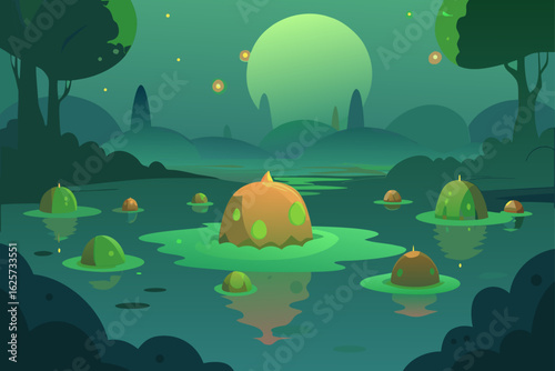 Mystical alien landscape with glowing flora and a large celestial body in the sky