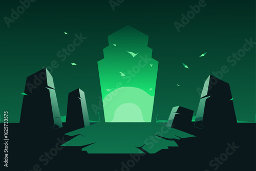 Mysterious glowing portal framed by ancient monoliths in a dark atmospheric landscape