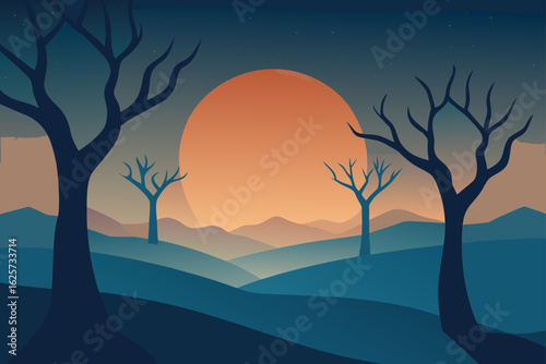 Stylized minimalist landscape with bare trees under a large orange moon at dusk
