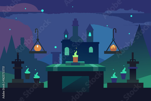 Mysterious night scene with glowing lanterns and a central altar in a fantasy landscape