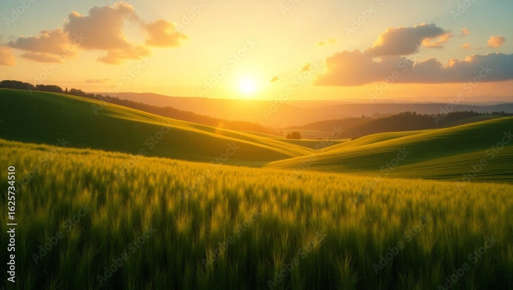 Obraz premium Sun Rays Shining Over Rolling Hills – Beautiful Green Meadow at Sunrise