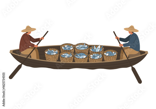 Two Fishermen Rowing Boat Filled with Fish Baskets.