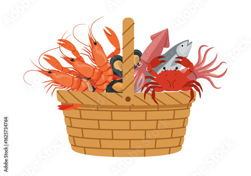 Wicker Basket Filled with Fresh Seafood: Shrimp Crab Squid and Fish.