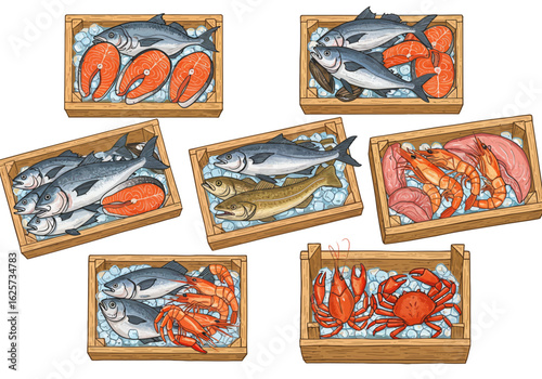 Assorted Fresh Seafood in Wooden Crates.