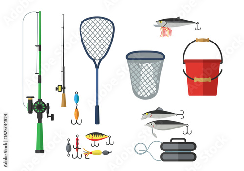 Fishing Equipment Set: Rods Nets Lures and Bucket.