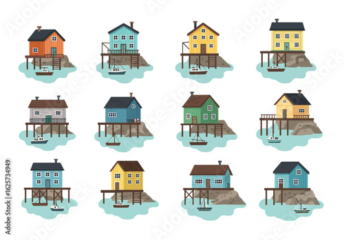 Collection of Colorful Houses on Stilts by the Sea.