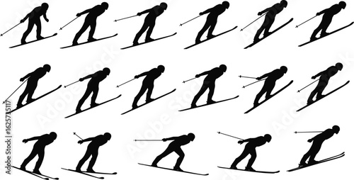 Silhouette sequence of skier in motion, winter sports, skiing technique, ski training, dynamic skiing, outdoor activity, fitness, athletic performance