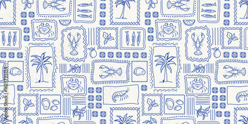 Tropical lobster seamless pattern, summer Italy vacation mood. Retro palm trees, sardines, lemon in the frames. Mediterranean wallpaper, cute geometric design, textile. Vector hand drawn art