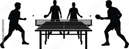 Silhouette, four people, playing table tennis, ping pong game, competitive sport, indoor fun, teamwork, fitness, healthy lifestyle, recreation