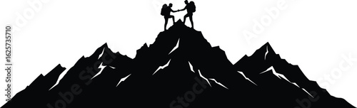 Silhouette of hikers on mountain peak, teamwork and adventure, helping hand, outdoor success, nature landscape, climbing achievement, majestic journey