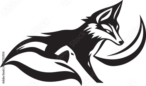 A stylized black and white fox design, featuring bold, sweeping, curved lines that form an elegant and abstract silhouette. The fox is seated gracefully, with its tail and fur created using modern, ge