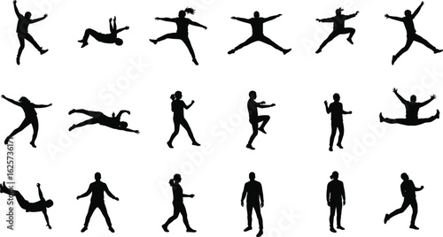 Silhouette figures jumping, dancing, walking, running, isolated on white background, dynamic poses, black human shapes, creative design, stock image