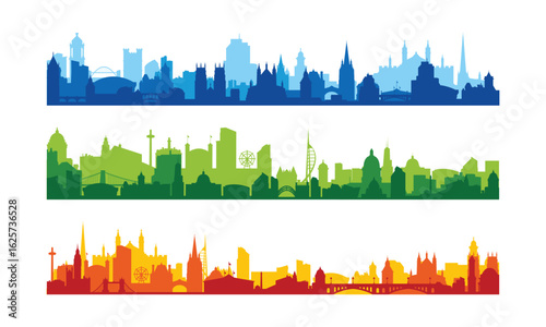 Set of city silhouettes. Cityscape backgrounds, over print cityscape