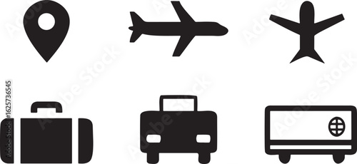 Black vector icons of airplane luggage car and location pin aircraft travel