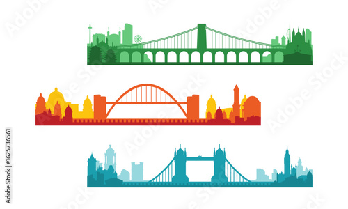 Set of city silhouettes with bridge. Cityscape backgrounds, over print cityscape