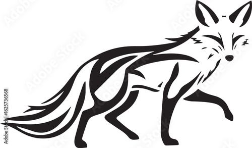 A stylized black and white fox design, featuring bold, sweeping, curved lines that form an elegant and abstract silhouette. The fox is seated gracefully, with its tail and fur created using modern, ge