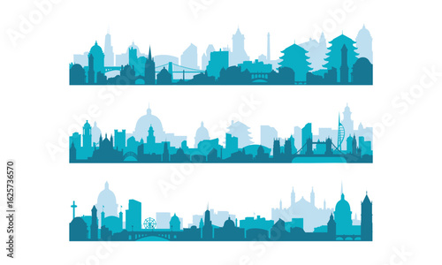 Set of city silhouettes. Cityscape backgrounds, over print cityscape