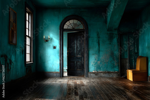 Dark Doorway, Mysterious Room, Teal Wall, Decaying Mansion, Interior Design