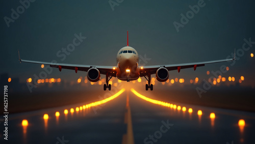 A plane is taking off/landing on a runway at night, illuminated by runway lights under a dark sky.