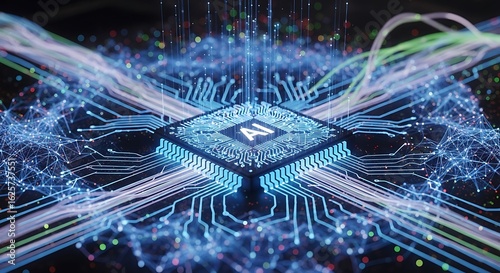 Luminous AI Processor at the heart of a glowing digital neural network processing data streams.