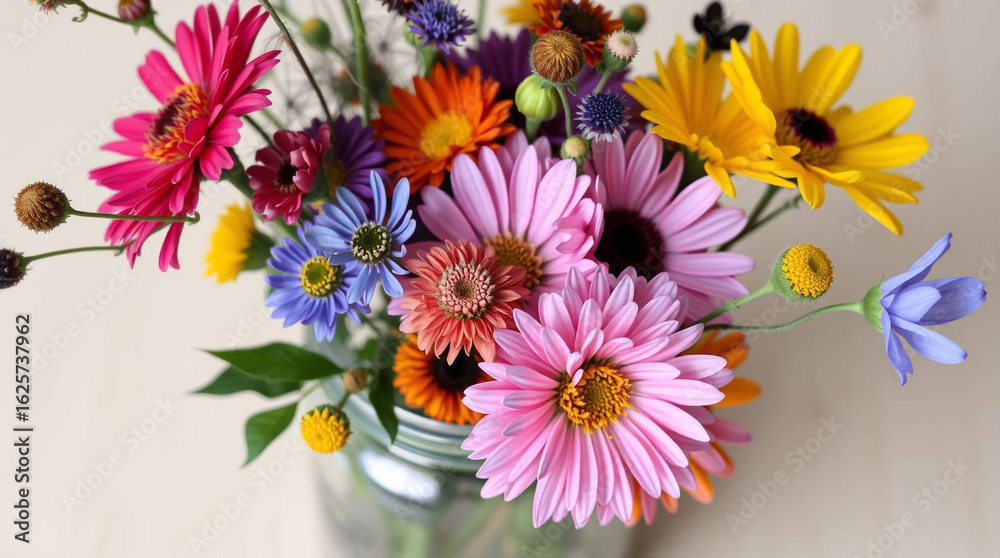 Fototapeta premium Colorful flowers bouquet floral arrangement in vase vibrant blossoms fresh cut flowers nature beauty bloom flora