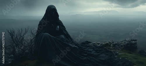 A haunted gothic undead perched on a wind-swept hill,generative AI