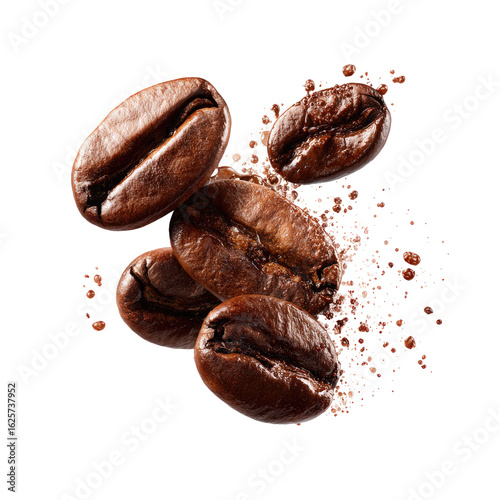 Roasted coffee beans suspended in a burst of ground coffee