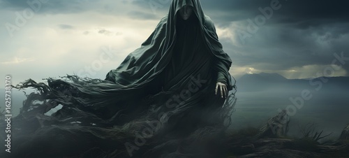 A haunted gothic undead perched on a wind-swept hill,generative AI