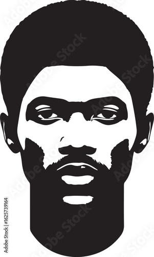 The image is a black and white illustration of a man's face, featuring a prominent beard and short, dark hair, presented in a stylized, almost minimalist manner.