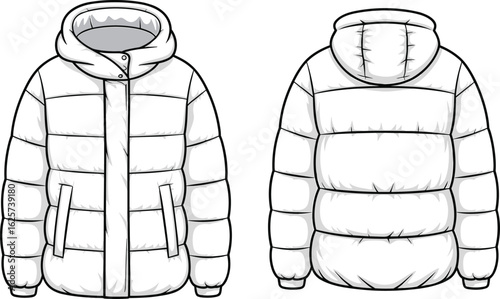 Detailed vector sketch of padded puffer jacket front and back view with hood, perfect for fashion design templates and mockups