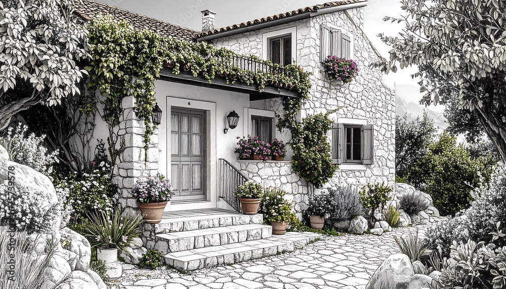 Fototapeta premium Stone House with Greenery, and Mediterranean.