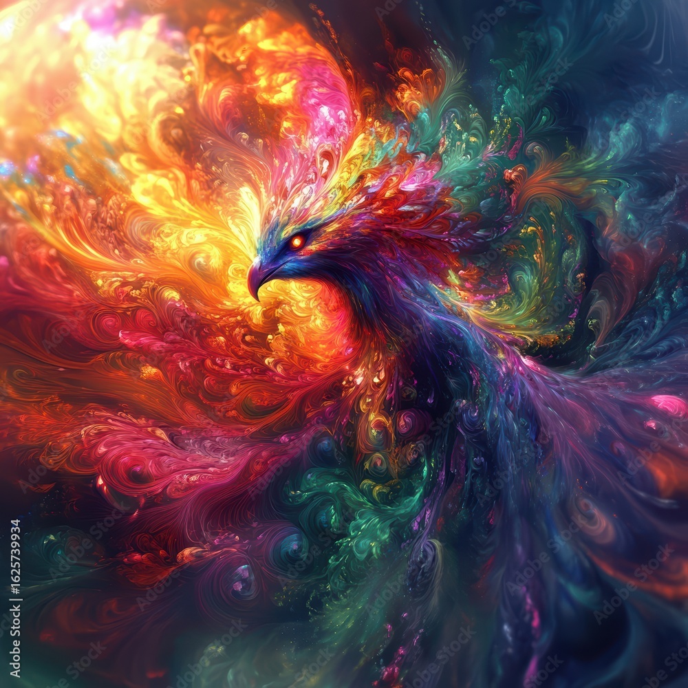 Fototapeta premium Vibrant Abstract Phoenix Rising in Colorful Swirling Patterns