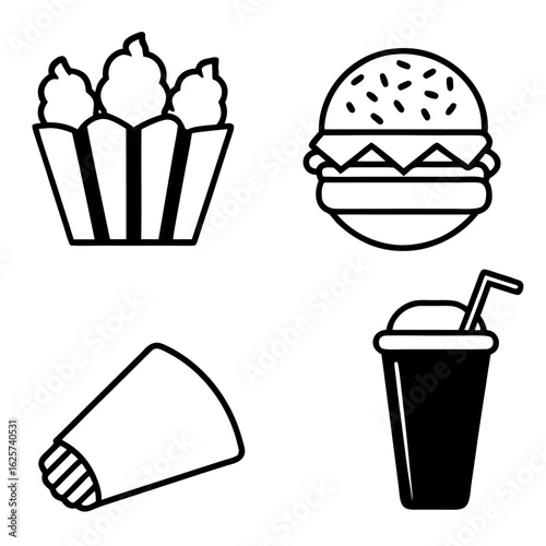 Fast food 3d icons. Drink soda, burger, chicken, pop corn and ice cream cone and hot dog and arabian wrap. Fast meals render realistic set 1