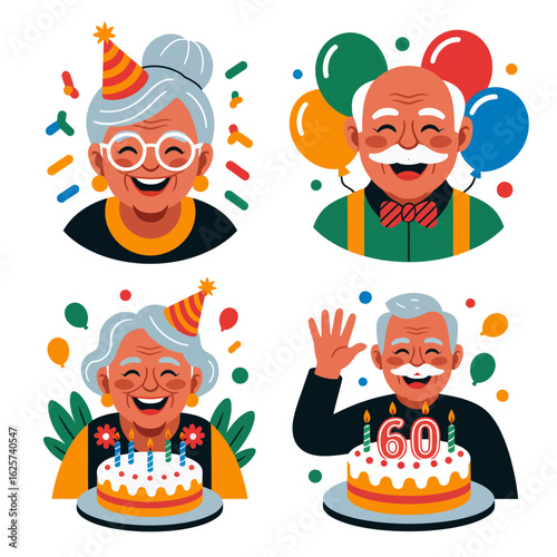 Elderly couples celebrate birthdays with colorful decorations. Suitable for invitations, greeting cards, party planning, and celebrating special occasions.