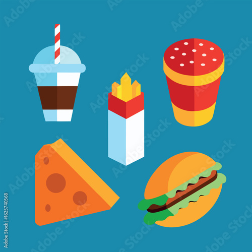 Fast food 3d icons. Drink soda, burger, chicken, pop corn and ice cream cone. Hot dog and arabian wrap. Fast meals render realistic set 3