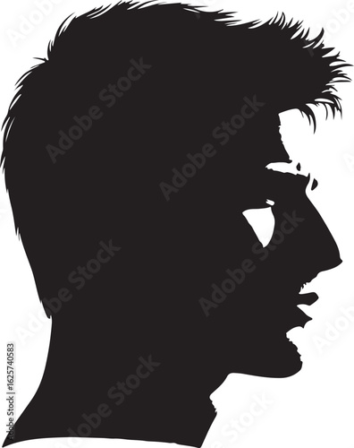 The image shows a black silhouette of a man's head and shoulders, his hair styled in a textured, slightly tousled fashion, viewed from the side, against a white background.