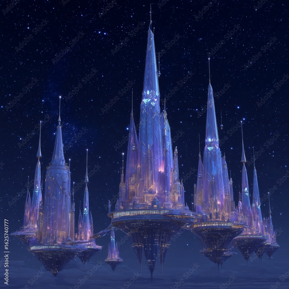 Fototapeta premium Enchanted Floating Castle Under Starry Sky with Glowing Towers and Magical Atmosphere at Night