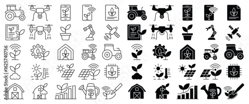 Agricultural Technology Icons Featuring Drones, Plants, and Tools Illustrations