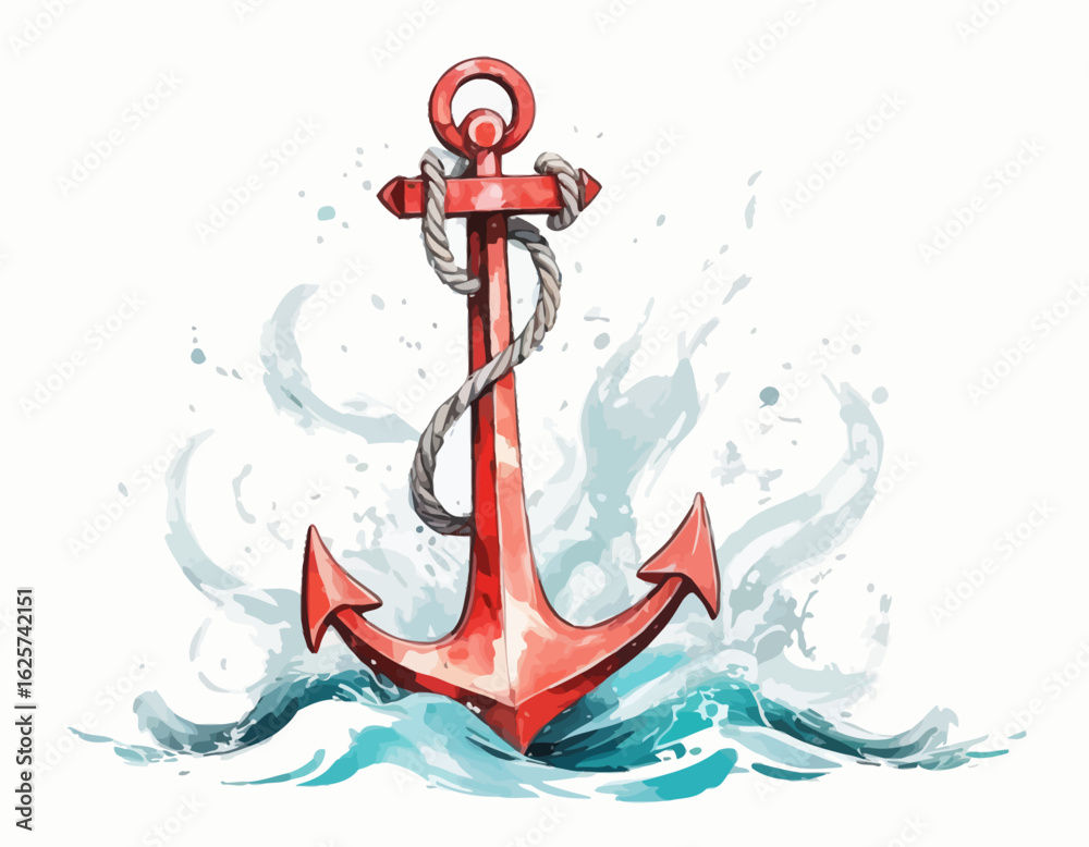 Naklejka premium A bright red nautical anchor with two fluke ends plunges into choppy turquoise and white waves, secured by a thick, twisted whit (1)