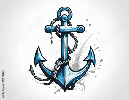 A bright red nautical anchor with two fluke ends plunges into choppy turquoise and white waves, secured by a thick, twisted whit (1)
