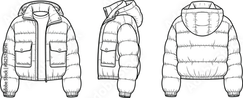 Flat vector technical sketch of modern puffer jacket front, side, and back views with hood and pockets for apparel design