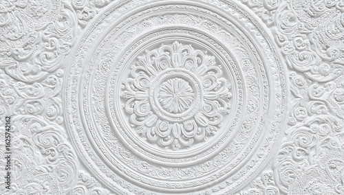 Ornate white ceiling design with concentric circles and floral patterns