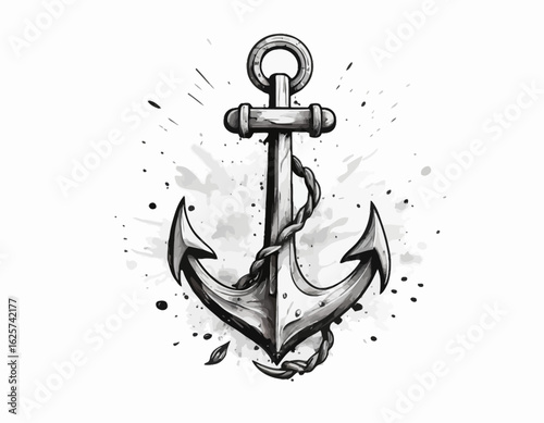 A bright red nautical anchor with two fluke ends plunges into choppy turquoise and white waves, secured by a thick, twisted whit (1)